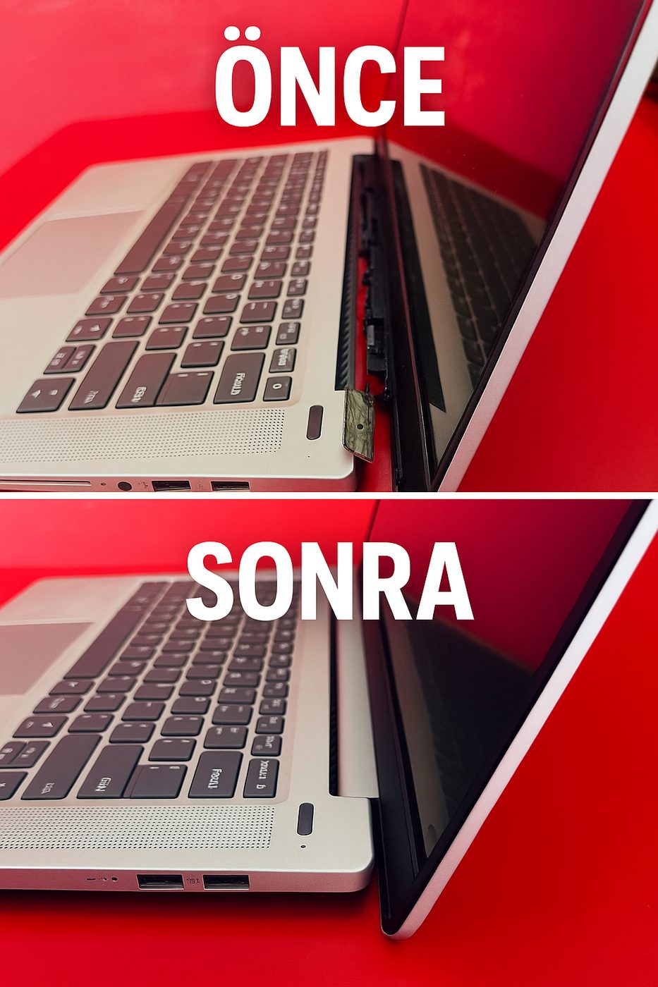 HP laptopun kırılıp kasadan ayrılmış menteşesinin onarım öncesi ve sonrası karşılaştırması
